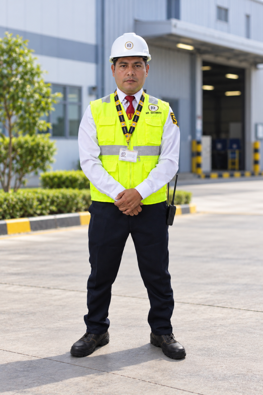 Agente de seguridad KR Security en exterior de una instalación industrial